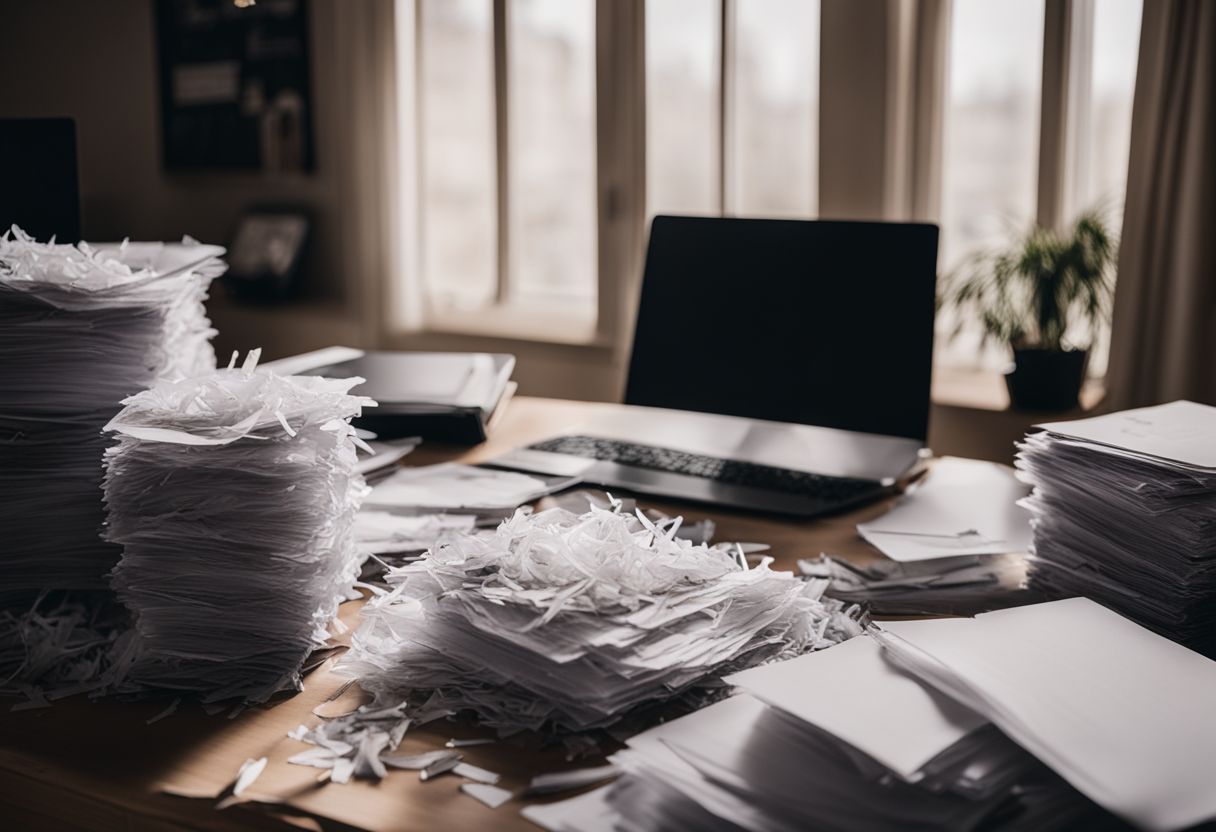 A pile of shredded personal documents in a home office. A pile of shredded personal documents in a home office.