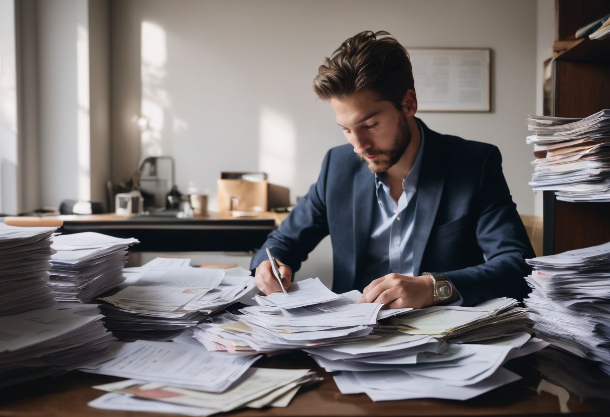 A person scrutinizing suspicious bills and credit card statements at cluttered desk. A person scrutinizing suspicious bills and credit card statements at cluttered desk.