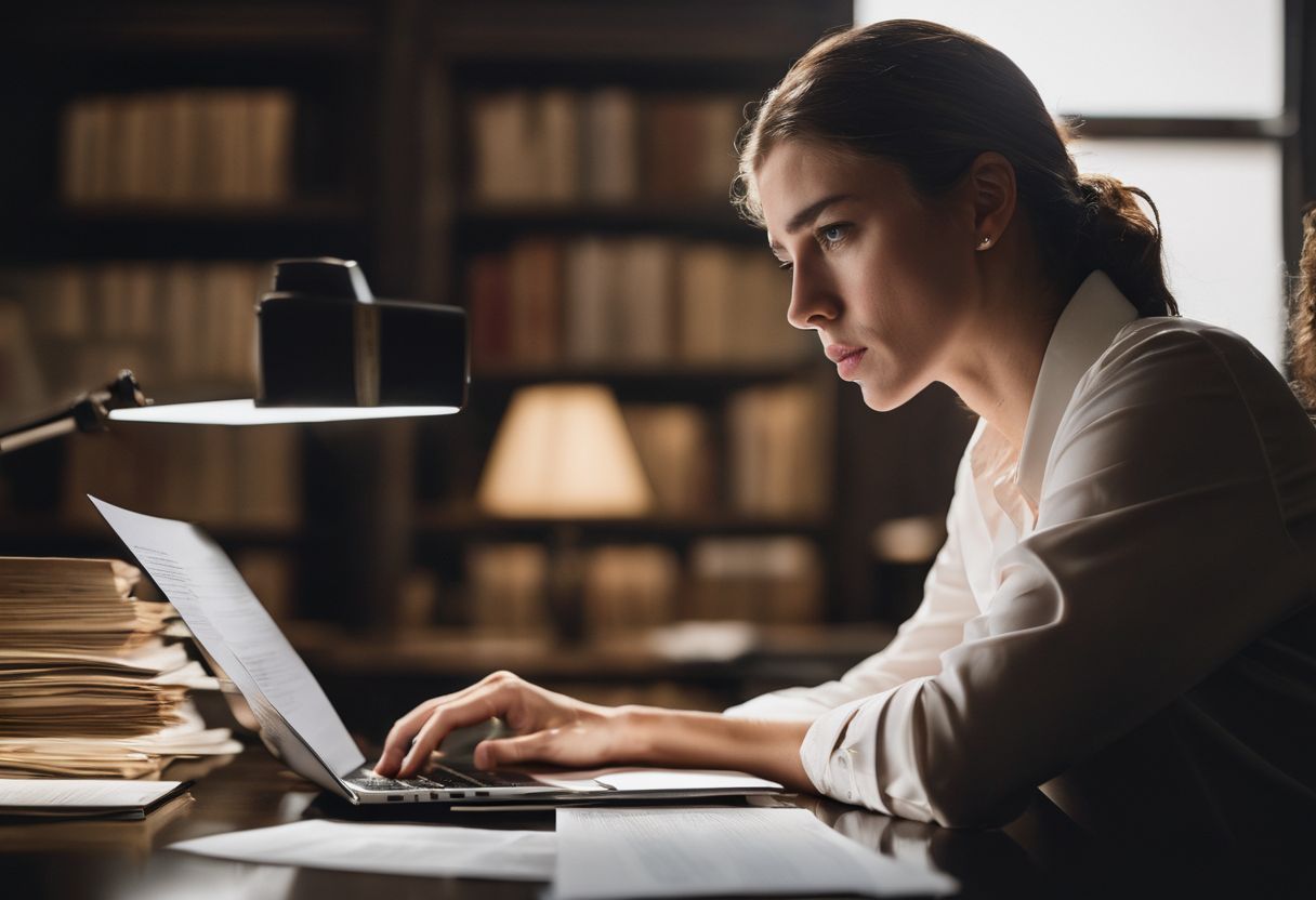 A person with a concerned expression surrounded by paperwork and legal documents.