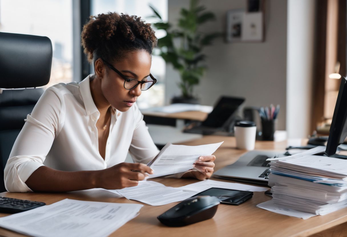 A person filing an identity theft insurance claim in a busy office.