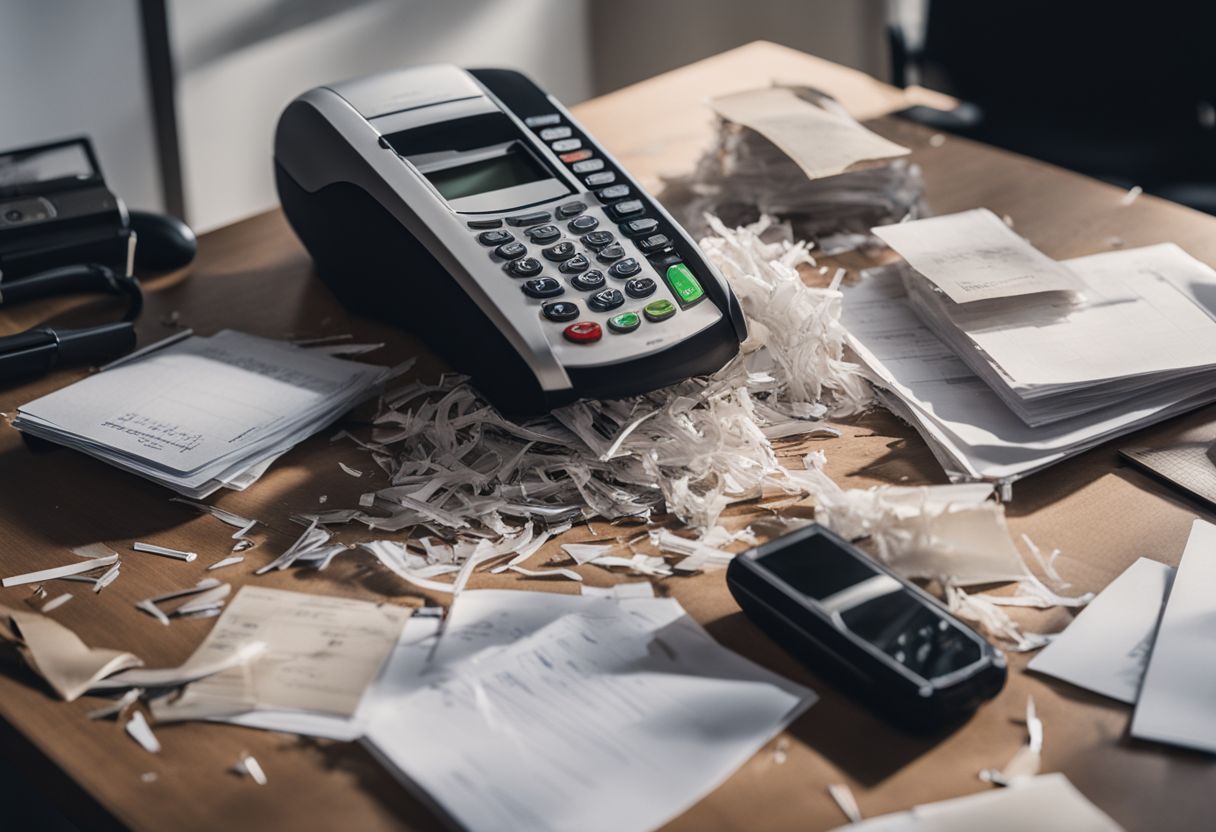 Sensitive documents and shredded credit card on a cluttered office desk. Sensitive documents and shredded credit card on a cluttered office desk.
