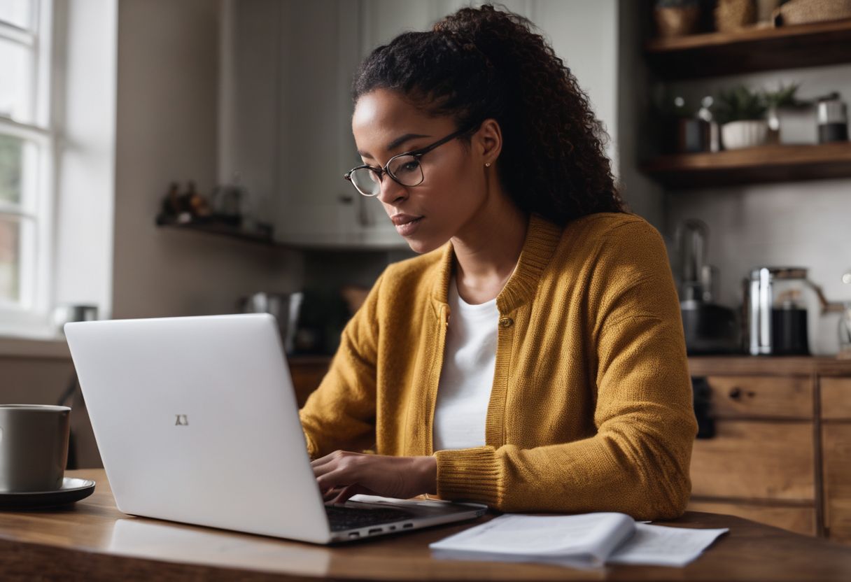 A person checking their credit report on a laptop in a secure home environment. A person checking their credit report on a laptop in a secure home environment.