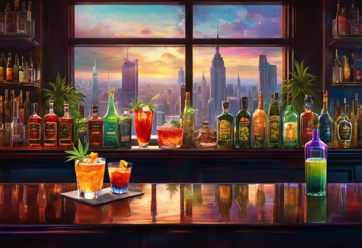 A selection of cannabis-infused drinks displayed on a stylish bar counter. A selection of cannabis-infused drinks displayed on a stylish bar counter.